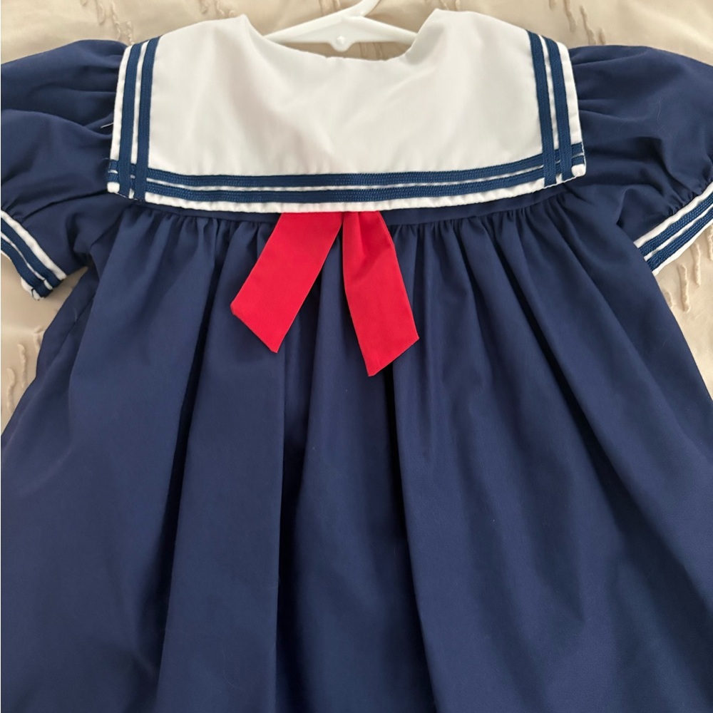 Petit Ami- Navy Sailor-Style Dress with Red Bow
